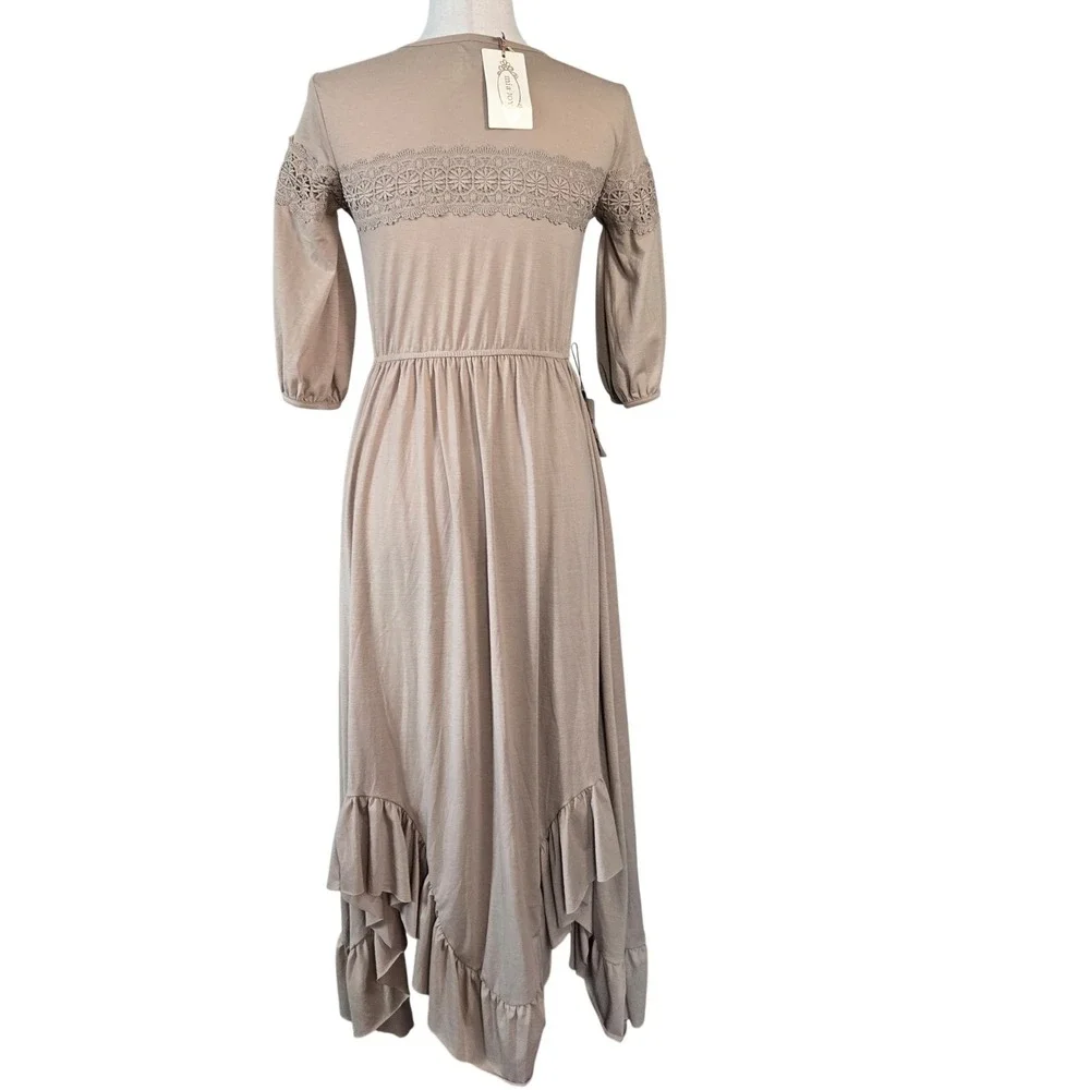 Mia Joy Maxi Dress Girl 14 Taupe Lace Crochet Boho Romantic Cottagecore New